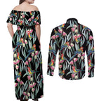 Eastern Rosella Australia Couples Matching Off Shoulder Maxi Dress and Long Sleeve Button Shirt Eucalyptus Blossom Seamless Style - Aussie Hoodie