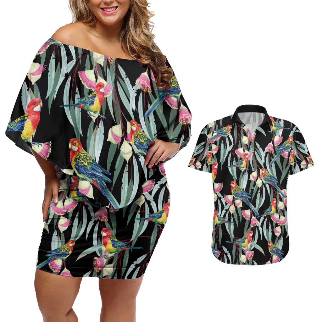 Eastern Rosella Australia Couples Matching Off Shoulder Short Dress and Hawaiian Shirt Eucalyptus Blossom Seamless Style - Aussie Hoodie