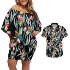 Eastern Rosella Australia Couples Matching Off Shoulder Short Dress and Hawaiian Shirt Eucalyptus Blossom Seamless Style - Aussie Hoodie