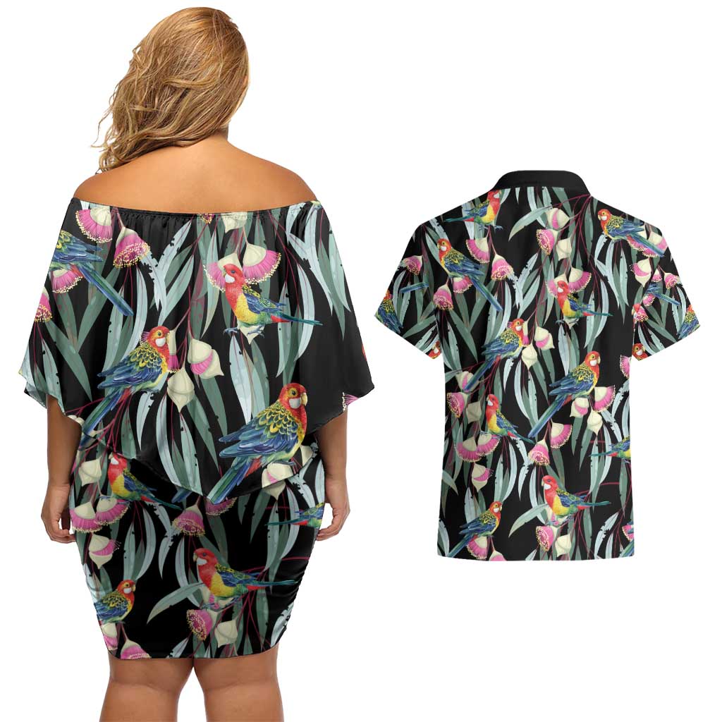 Eastern Rosella Australia Couples Matching Off Shoulder Short Dress and Hawaiian Shirt Eucalyptus Blossom Seamless Style - Aussie Hoodie
