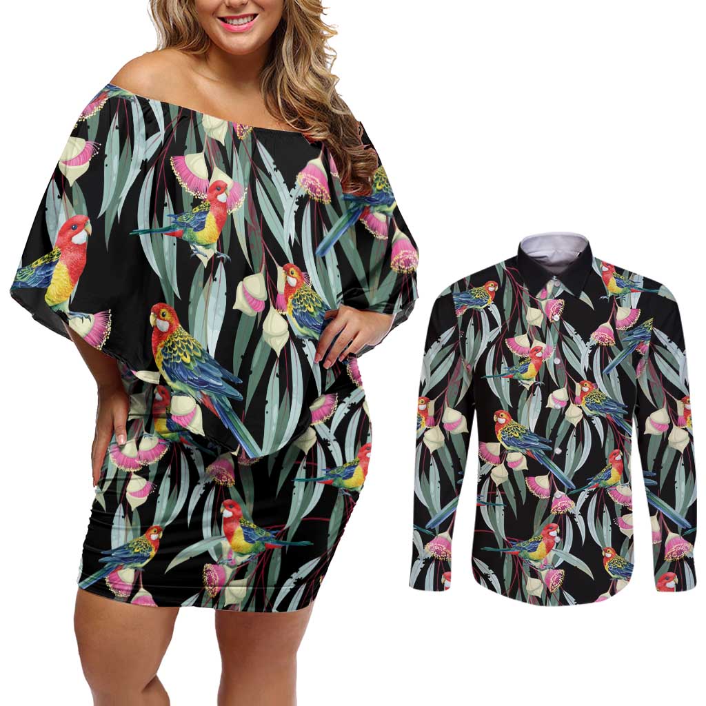 Eastern Rosella Australia Couples Matching Off Shoulder Short Dress and Long Sleeve Button Shirt Eucalyptus Blossom Seamless Style - Aussie Hoodie