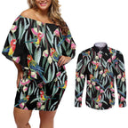 Eastern Rosella Australia Couples Matching Off Shoulder Short Dress and Long Sleeve Button Shirt Eucalyptus Blossom Seamless Style - Aussie Hoodie