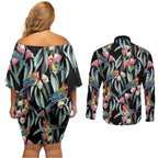 Eastern Rosella Australia Couples Matching Off Shoulder Short Dress and Long Sleeve Button Shirt Eucalyptus Blossom Seamless Style - Aussie Hoodie