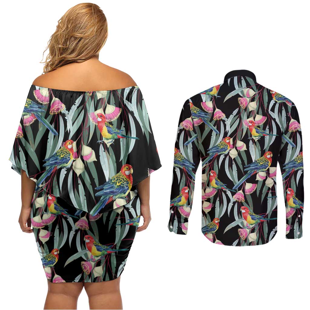 Eastern Rosella Australia Couples Matching Off Shoulder Short Dress and Long Sleeve Button Shirt Eucalyptus Blossom Seamless Style - Aussie Hoodie