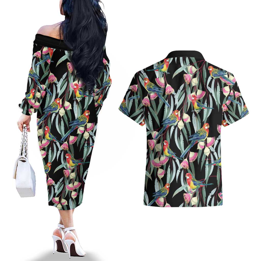 Eastern Rosella Australia Couples Matching Off The Shoulder Long Sleeve Dress and Hawaiian Shirt Eucalyptus Blossom Seamless Style - Aussie Hoodie