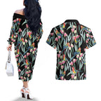 Eastern Rosella Australia Couples Matching Off The Shoulder Long Sleeve Dress and Hawaiian Shirt Eucalyptus Blossom Seamless Style - Aussie Hoodie