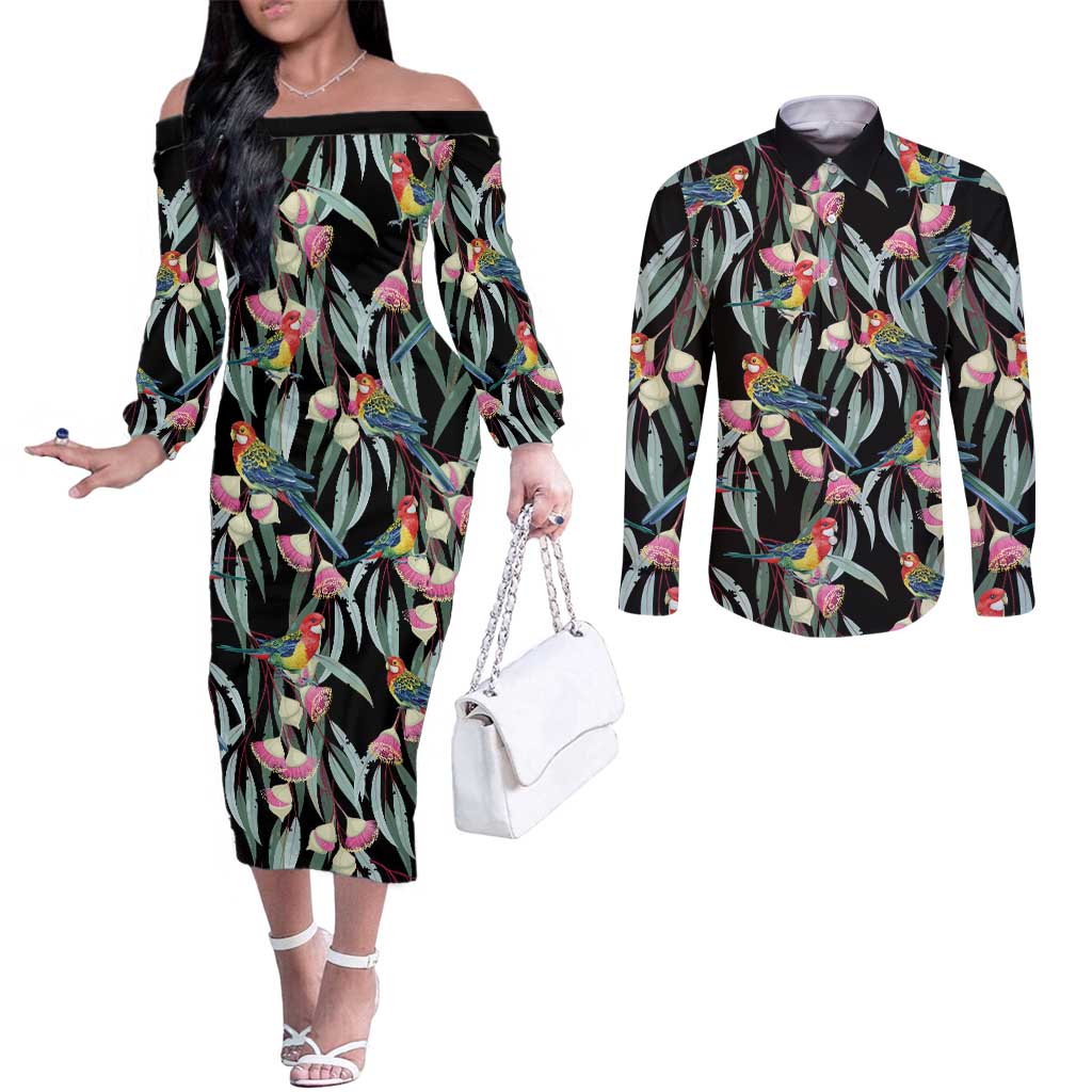 Eastern Rosella Australia Couples Matching Off The Shoulder Long Sleeve Dress and Long Sleeve Button Shirt Eucalyptus Blossom Seamless Style - Aussie Hoodie