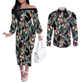 Eastern Rosella Australia Couples Matching Off The Shoulder Long Sleeve Dress and Long Sleeve Button Shirt Eucalyptus Blossom Seamless Style - Aussie Hoodie