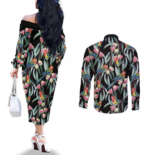Eastern Rosella Australia Couples Matching Off The Shoulder Long Sleeve Dress and Long Sleeve Button Shirt Eucalyptus Blossom Seamless Style - Aussie Hoodie