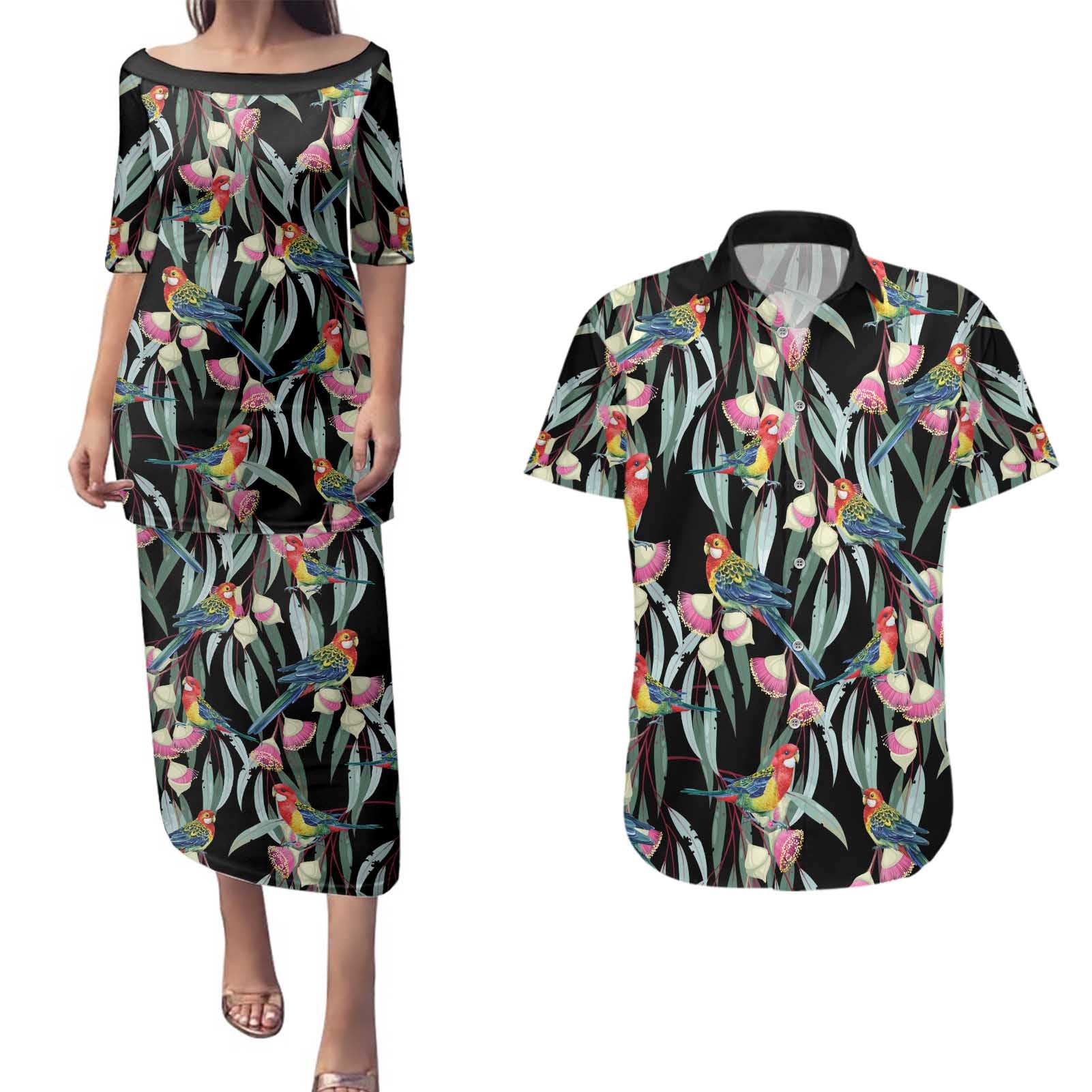Eastern Rosella Australia Couples Matching Puletasi and Hawaiian Shirt Eucalyptus Blossom Seamless Style - Aussie Hoodie