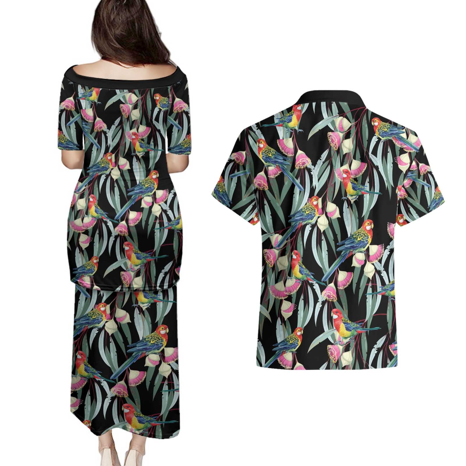 Eastern Rosella Australia Couples Matching Puletasi and Hawaiian Shirt Eucalyptus Blossom Seamless Style - Aussie Hoodie