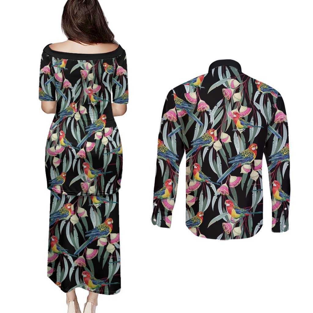 Eastern Rosella Australia Couples Matching Puletasi and Long Sleeve Button Shirt Eucalyptus Blossom Seamless Style - Aussie Hoodie