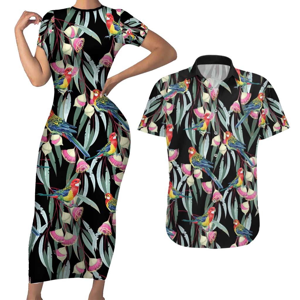 Eastern Rosella Australia Couples Matching Short Sleeve Bodycon Dress and Hawaiian Shirt Eucalyptus Blossom Seamless Style - Aussie Hoodie