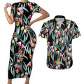 Eastern Rosella Australia Couples Matching Short Sleeve Bodycon Dress and Hawaiian Shirt Eucalyptus Blossom Seamless Style - Aussie Hoodie