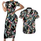 Eastern Rosella Australia Couples Matching Short Sleeve Bodycon Dress and Hawaiian Shirt Eucalyptus Blossom Seamless Style - Aussie Hoodie