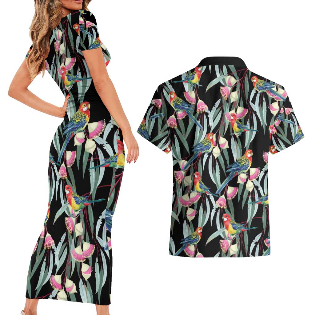 Eastern Rosella Australia Couples Matching Short Sleeve Bodycon Dress and Hawaiian Shirt Eucalyptus Blossom Seamless Style - Aussie Hoodie