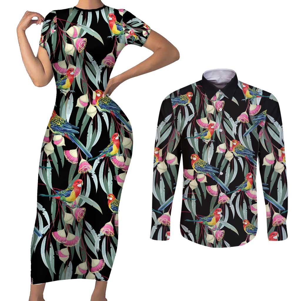 Eastern Rosella Australia Couples Matching Short Sleeve Bodycon Dress and Long Sleeve Button Shirt Eucalyptus Blossom Seamless Style - Aussie Hoodie