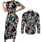 Eastern Rosella Australia Couples Matching Short Sleeve Bodycon Dress and Long Sleeve Button Shirt Eucalyptus Blossom Seamless Style - Aussie Hoodie