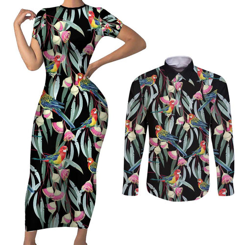 Eastern Rosella Australia Couples Matching Short Sleeve Bodycon Dress and Long Sleeve Button Shirt Eucalyptus Blossom Seamless Style - Aussie Hoodie