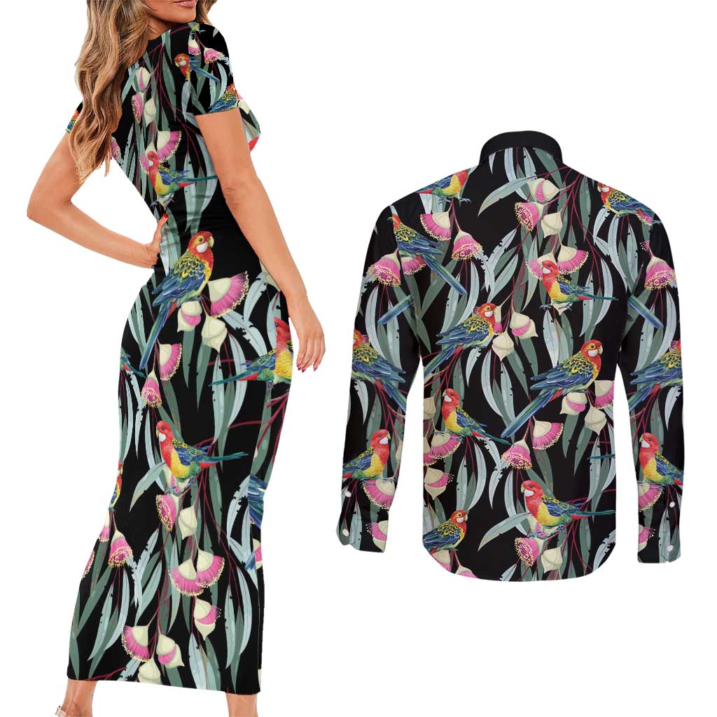 Eastern Rosella Australia Couples Matching Short Sleeve Bodycon Dress and Long Sleeve Button Shirt Eucalyptus Blossom Seamless Style - Aussie Hoodie