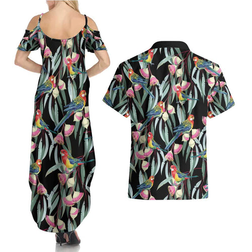 Eastern Rosella Australia Couples Matching Summer Maxi Dress and Hawaiian Shirt Eucalyptus Blossom Seamless Style - Aussie Hoodie