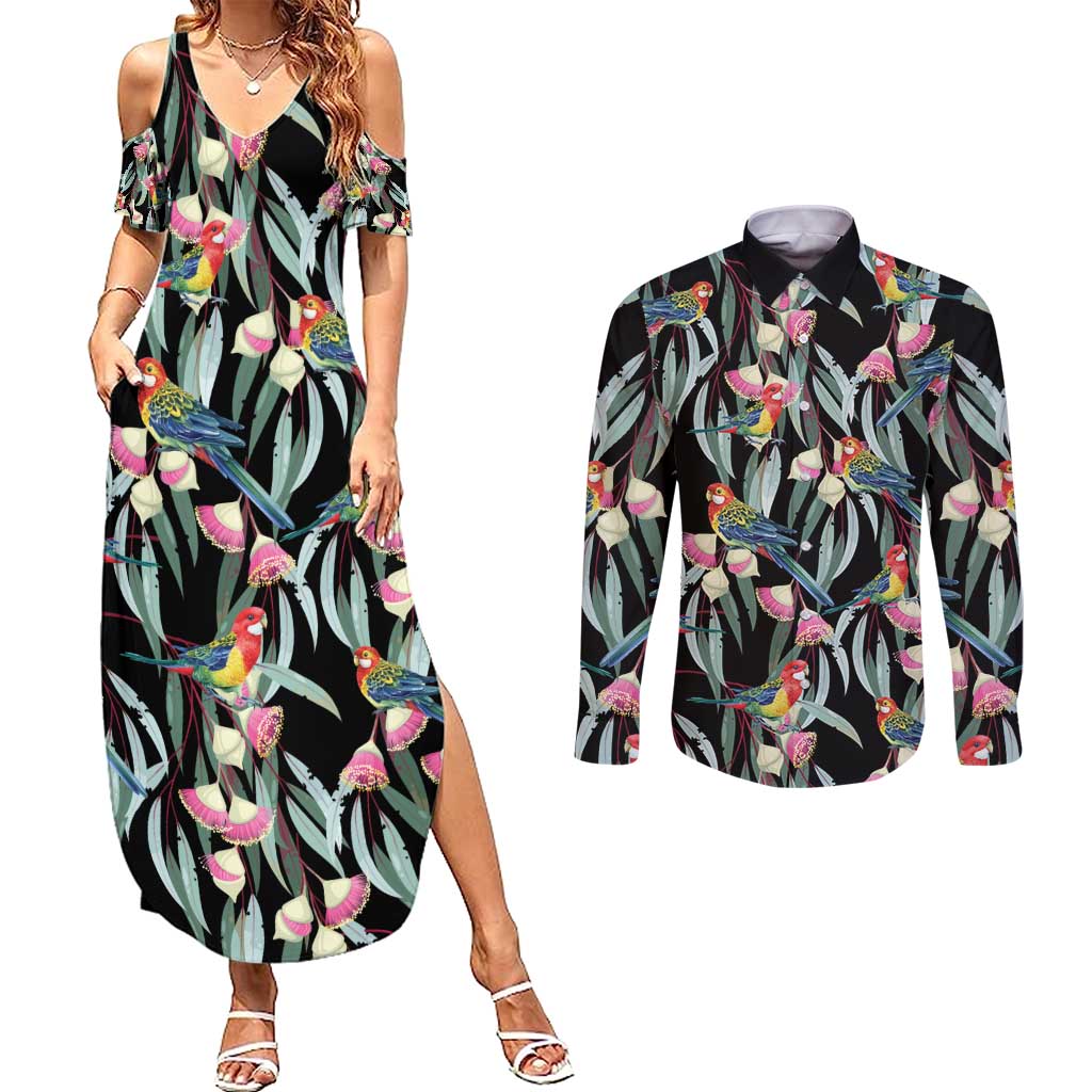 Eastern Rosella Australia Couples Matching Summer Maxi Dress and Long Sleeve Button Shirt Eucalyptus Blossom Seamless Style - Aussie Hoodie