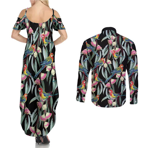 Eastern Rosella Australia Couples Matching Summer Maxi Dress and Long Sleeve Button Shirt Eucalyptus Blossom Seamless Style - Aussie Hoodie