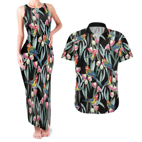 Eastern Rosella Australia Couples Matching Tank Maxi Dress and Hawaiian Shirt Eucalyptus Blossom Seamless Style - Aussie Hoodie