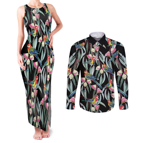 Eastern Rosella Australia Couples Matching Tank Maxi Dress and Long Sleeve Button Shirt Eucalyptus Blossom Seamless Style - Aussie Hoodie