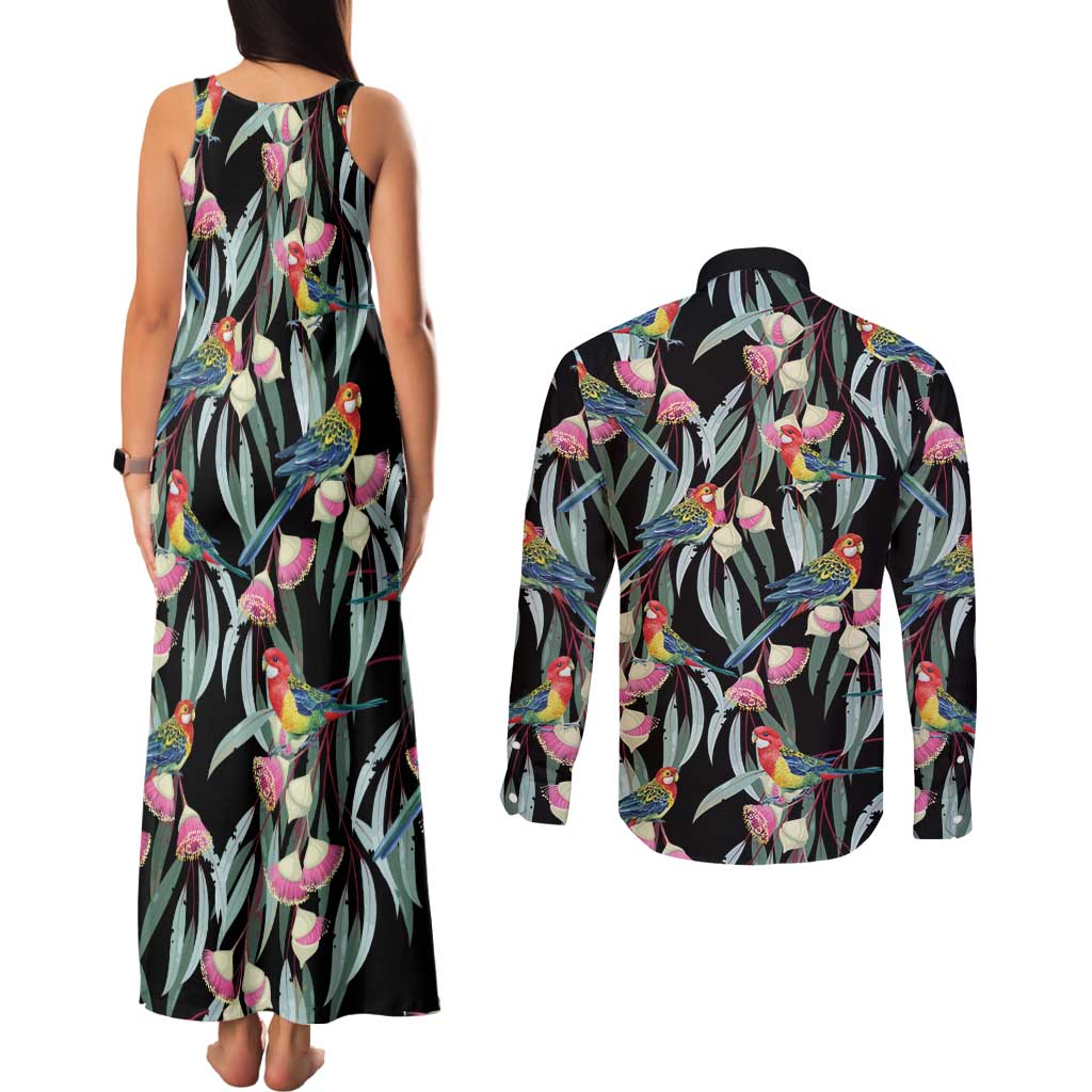 Eastern Rosella Australia Couples Matching Tank Maxi Dress and Long Sleeve Button Shirt Eucalyptus Blossom Seamless Style - Aussie Hoodie