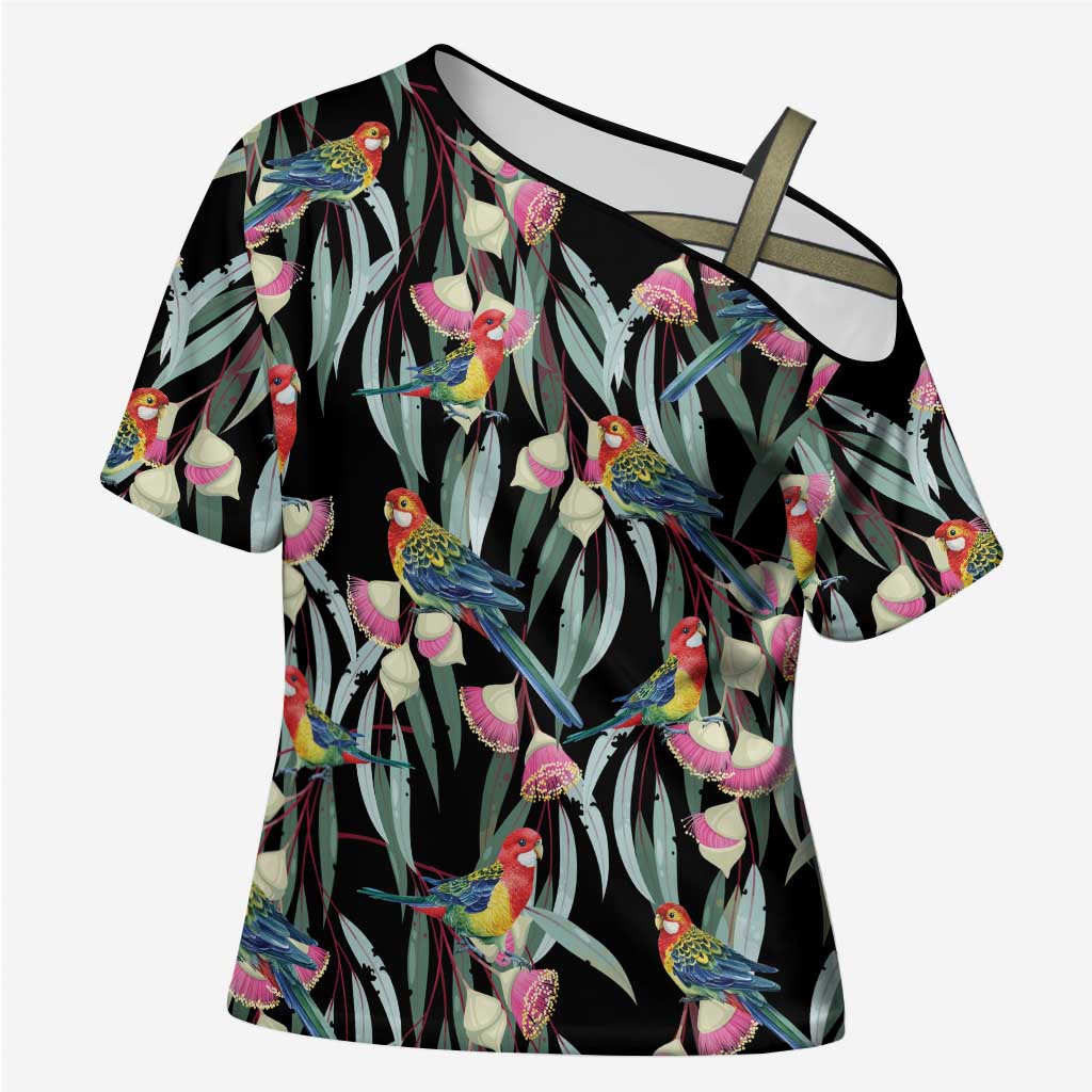 Eastern Rosella Australia Cross Shoulder Shirt Eucalyptus Blossom Seamless Style - Aussie Hoodie