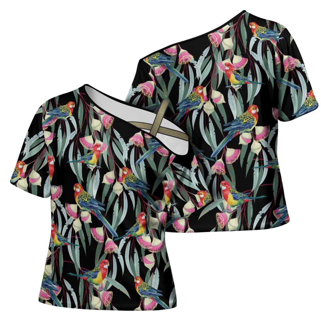 Eastern Rosella Australia Cross Shoulder Shirt Eucalyptus Blossom Seamless Style - Aussie Hoodie