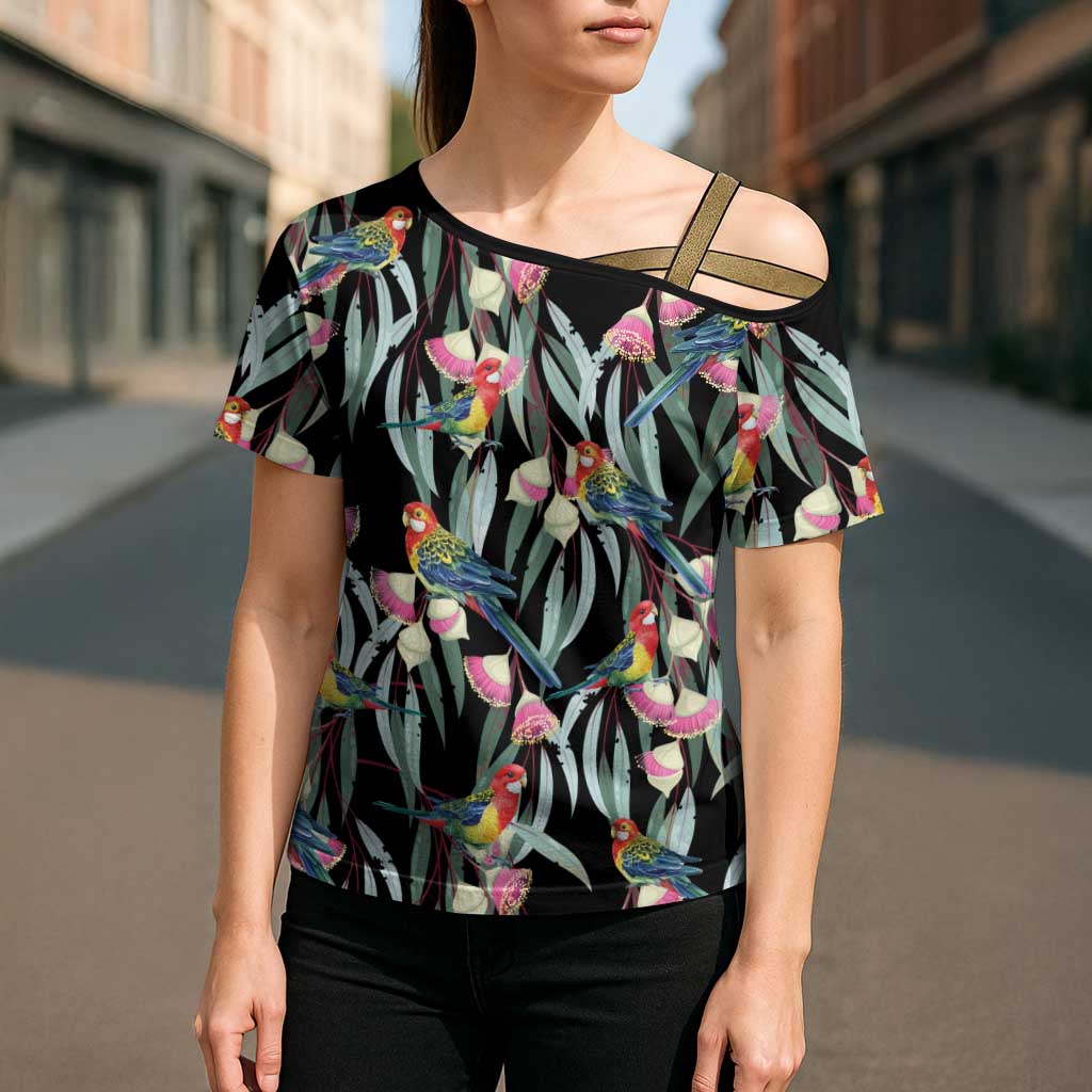 Eastern Rosella Australia Cross Shoulder Shirt Eucalyptus Blossom Seamless Style - Aussie Hoodie