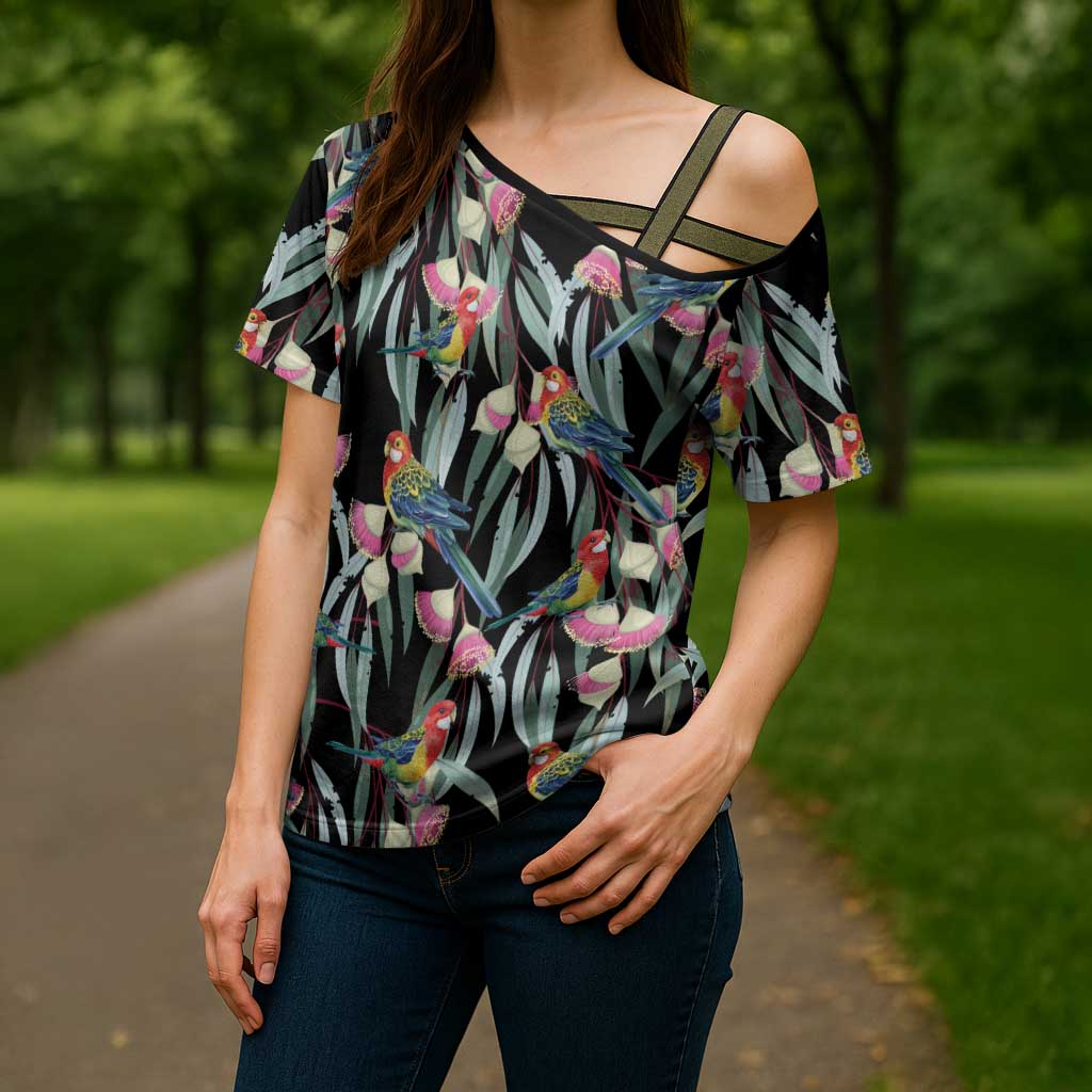 Eastern Rosella Australia Cross Shoulder Shirt Eucalyptus Blossom Seamless Style - Aussie Hoodie