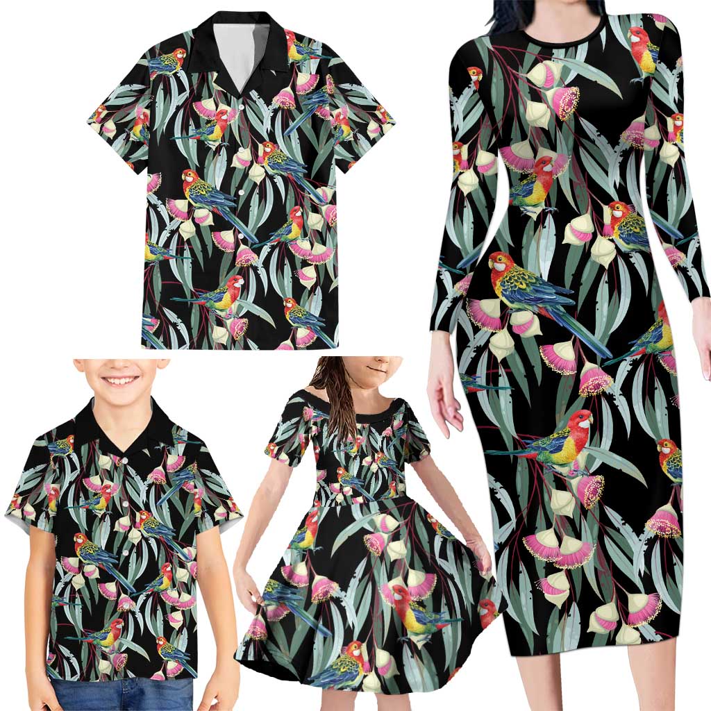 Eastern Rosella Australia Family Matching Long Sleeve Bodycon Dress and Hawaiian Shirt Eucalyptus Blossom Seamless Style - Aussie Hoodie