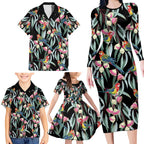 Eastern Rosella Australia Family Matching Long Sleeve Bodycon Dress and Hawaiian Shirt Eucalyptus Blossom Seamless Style - Aussie Hoodie