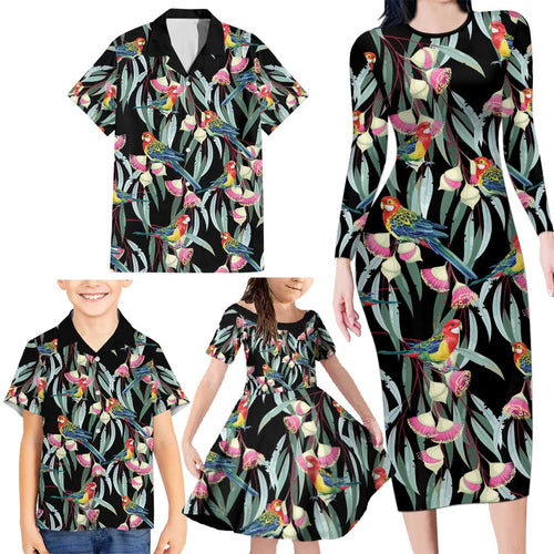 Eastern Rosella Australia Family Matching Long Sleeve Bodycon Dress and Hawaiian Shirt Eucalyptus Blossom Seamless Style - Aussie Hoodie