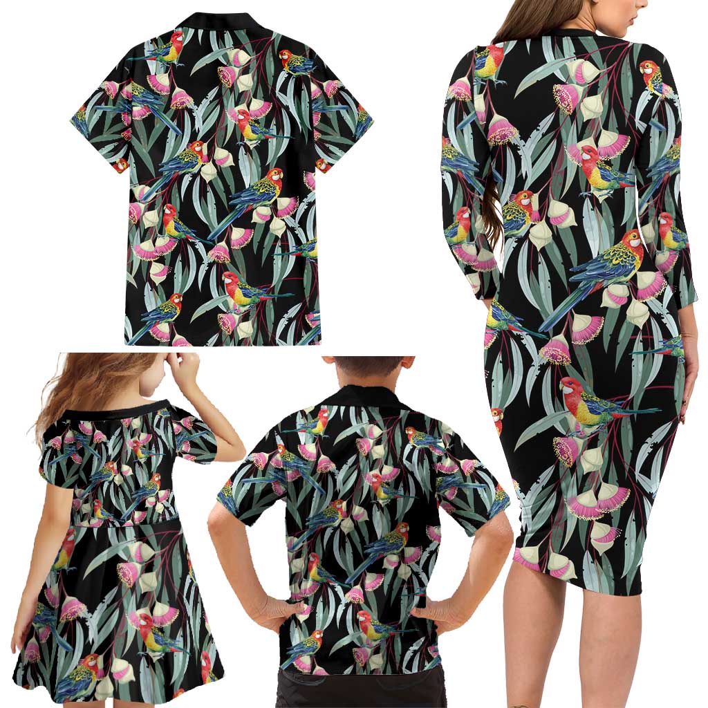 Eastern Rosella Australia Family Matching Long Sleeve Bodycon Dress and Hawaiian Shirt Eucalyptus Blossom Seamless Style - Aussie Hoodie
