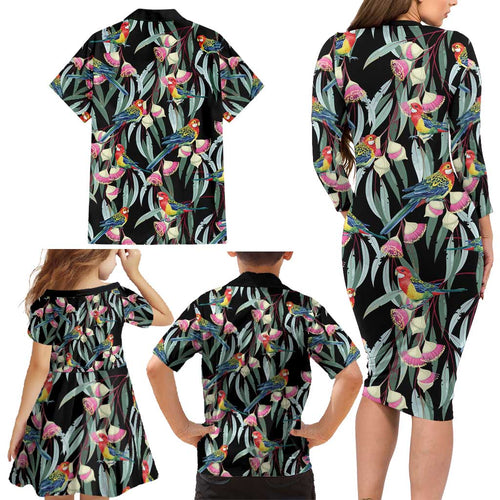 Eastern Rosella Australia Family Matching Long Sleeve Bodycon Dress and Hawaiian Shirt Eucalyptus Blossom Seamless Style - Aussie Hoodie