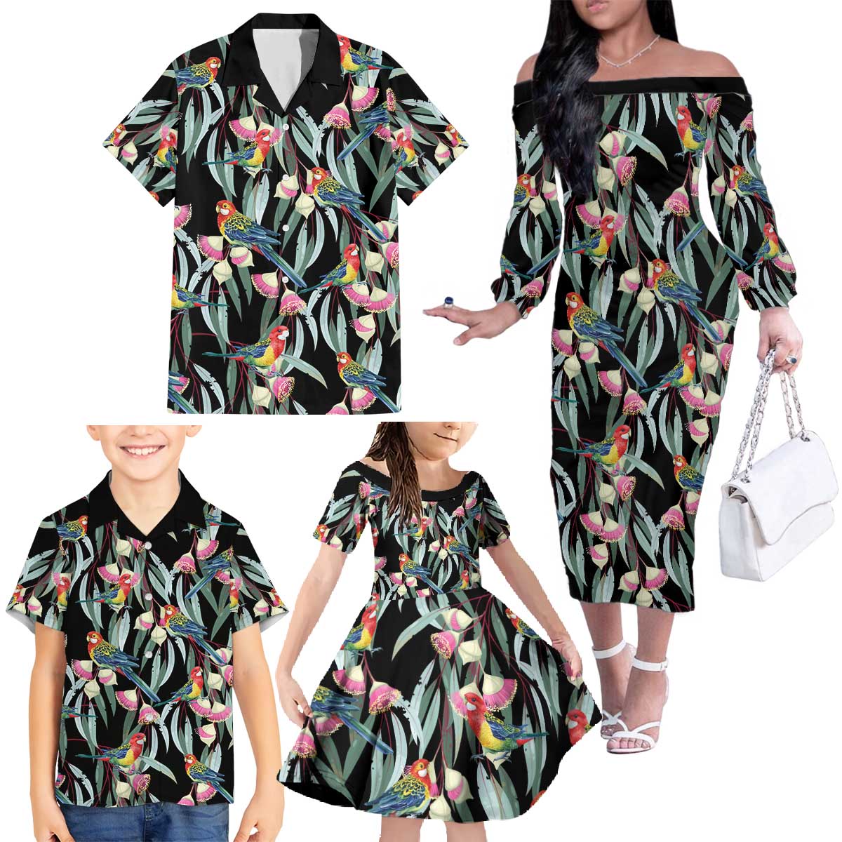 Eastern Rosella Australia Family Matching Off The Shoulder Long Sleeve Dress and Hawaiian Shirt Eucalyptus Blossom Seamless Style - Aussie Hoodie
