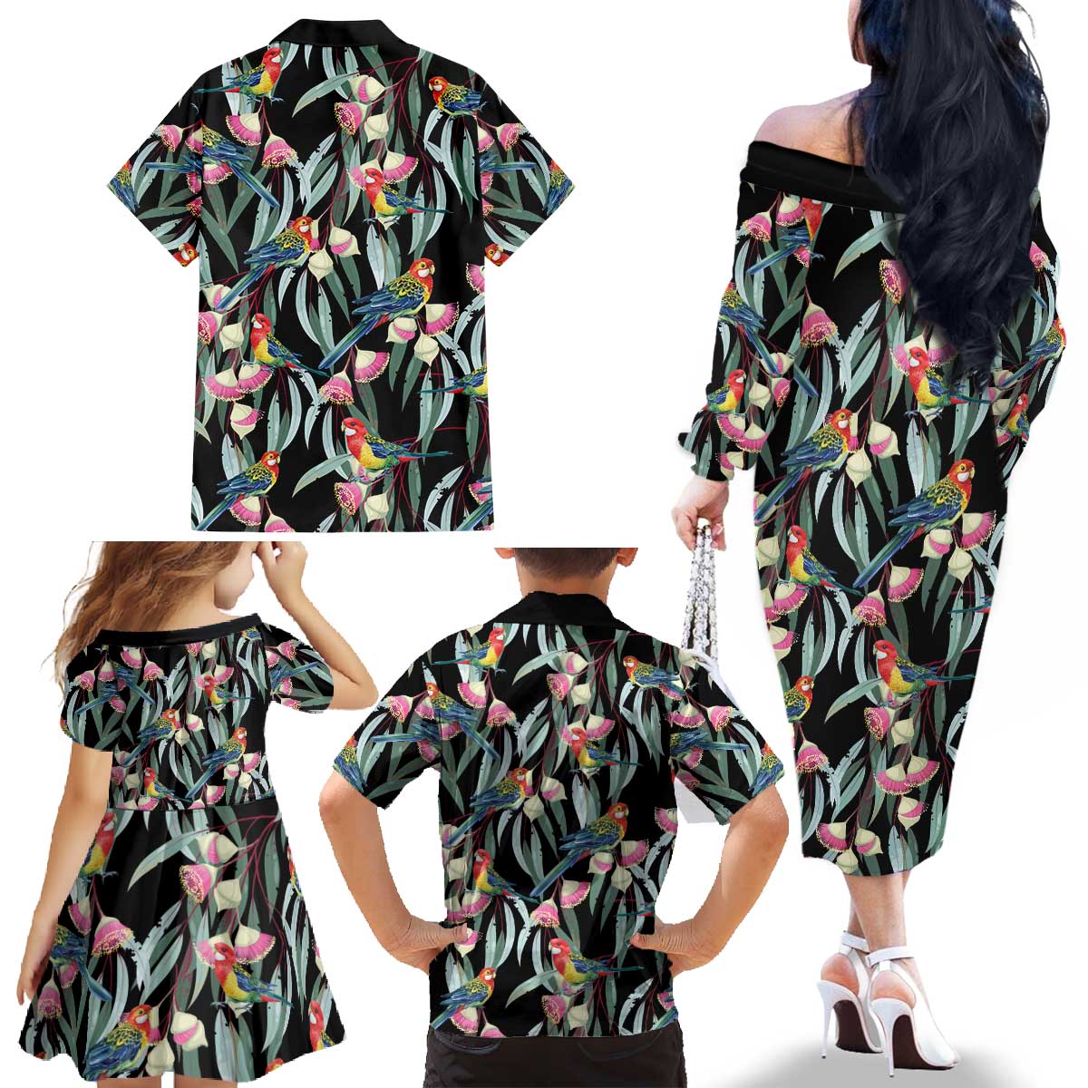 Eastern Rosella Australia Family Matching Off The Shoulder Long Sleeve Dress and Hawaiian Shirt Eucalyptus Blossom Seamless Style - Aussie Hoodie