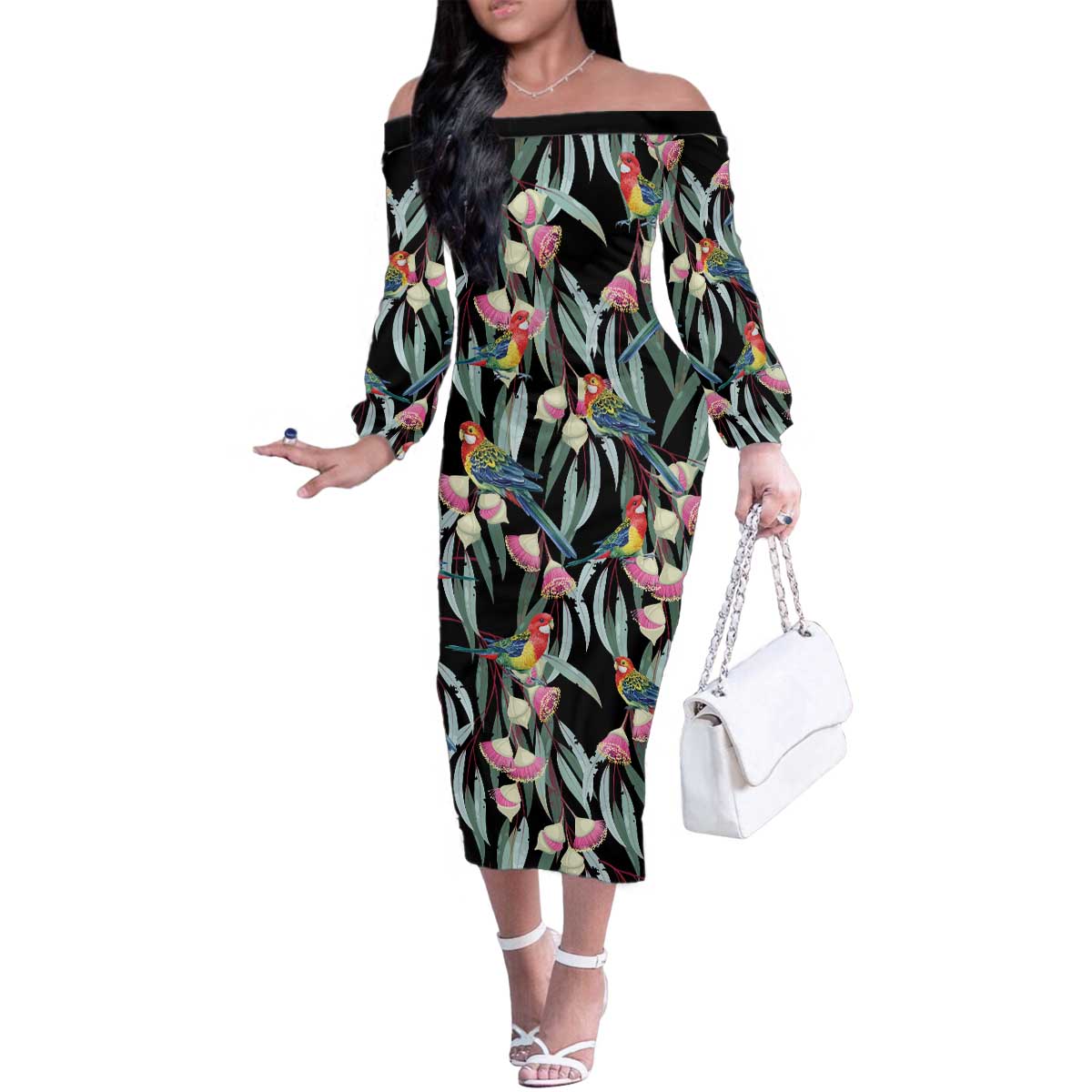 Eastern Rosella Australia Family Matching Off The Shoulder Long Sleeve Dress and Hawaiian Shirt Eucalyptus Blossom Seamless Style - Aussie Hoodie