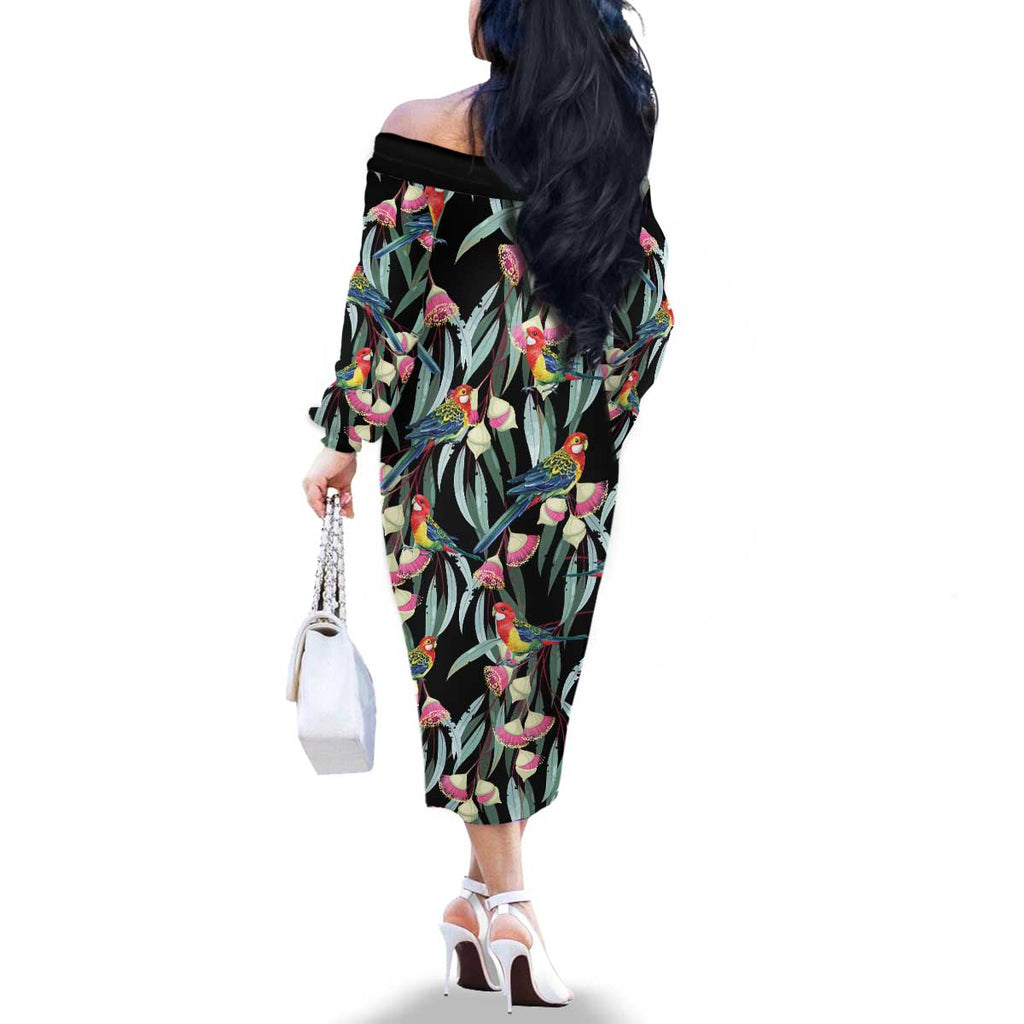 Eastern Rosella Australia Family Matching Off The Shoulder Long Sleeve Dress and Hawaiian Shirt Eucalyptus Blossom Seamless Style - Aussie Hoodie