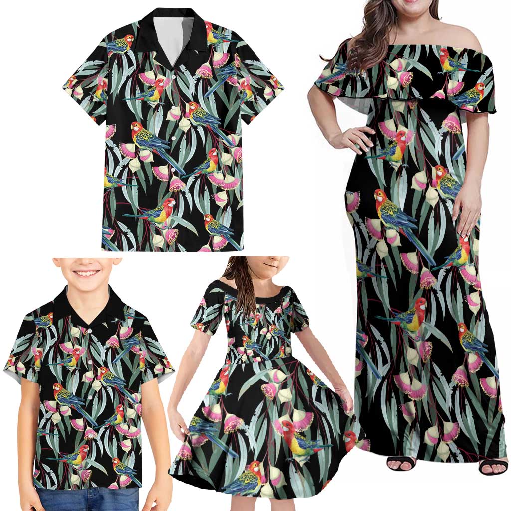 Eastern Rosella Australia Family Matching Off Shoulder Maxi Dress and Hawaiian Shirt Eucalyptus Blossom Seamless Style - Aussie Hoodie