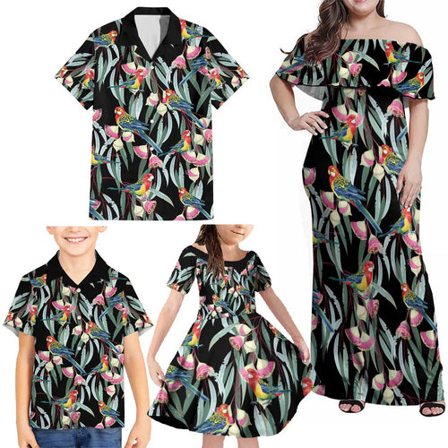 Eastern Rosella Australia Family Matching Off Shoulder Maxi Dress and Hawaiian Shirt Eucalyptus Blossom Seamless Style - Aussie Hoodie