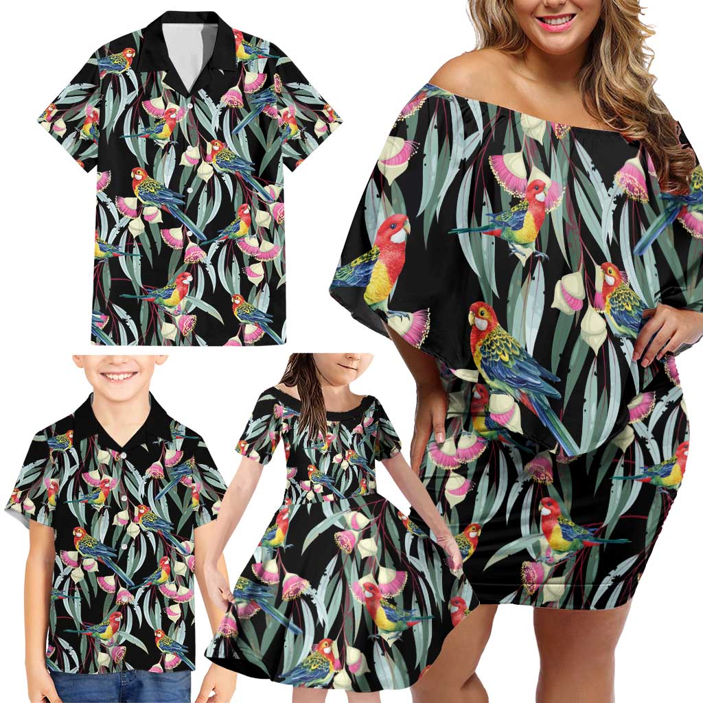 Eastern Rosella Australia Family Matching Off Shoulder Short Dress and Hawaiian Shirt Eucalyptus Blossom Seamless Style - Aussie Hoodie