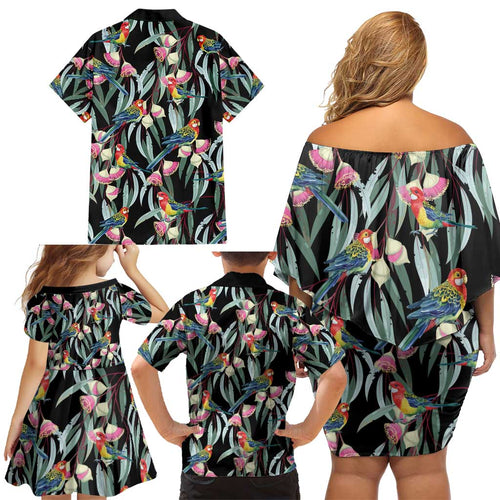 Eastern Rosella Australia Family Matching Off Shoulder Short Dress and Hawaiian Shirt Eucalyptus Blossom Seamless Style - Aussie Hoodie