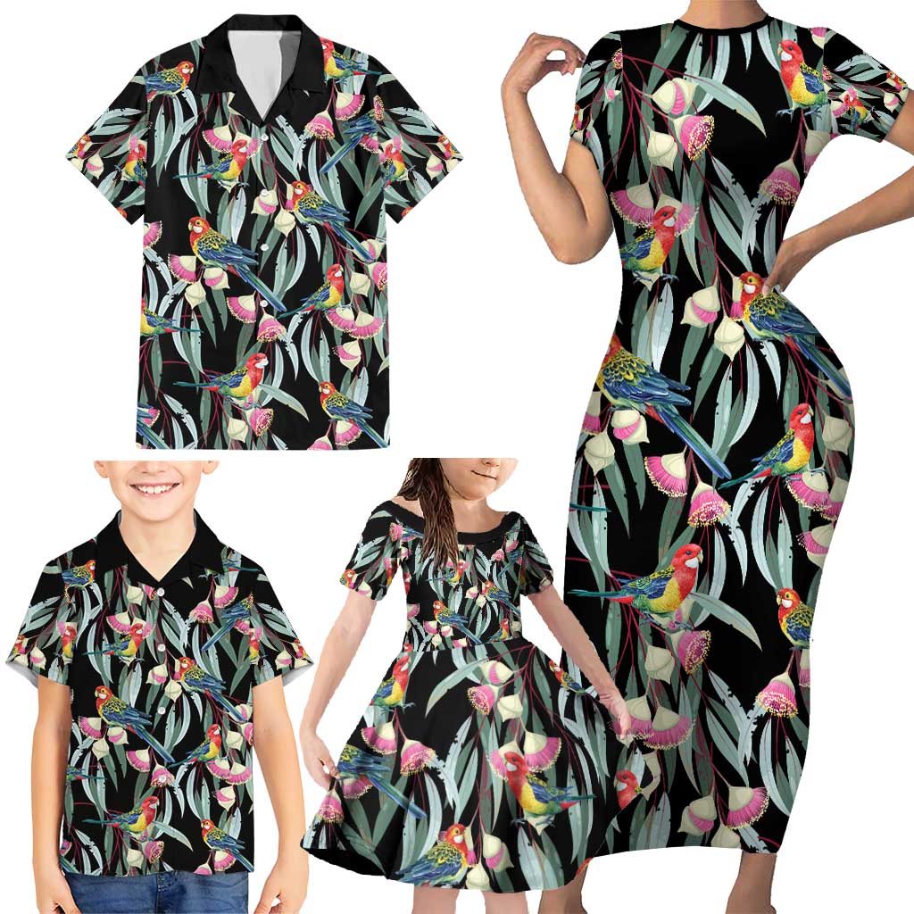 Eastern Rosella Australia Family Matching Short Sleeve Bodycon Dress and Hawaiian Shirt Eucalyptus Blossom Seamless Style - Aussie Hoodie