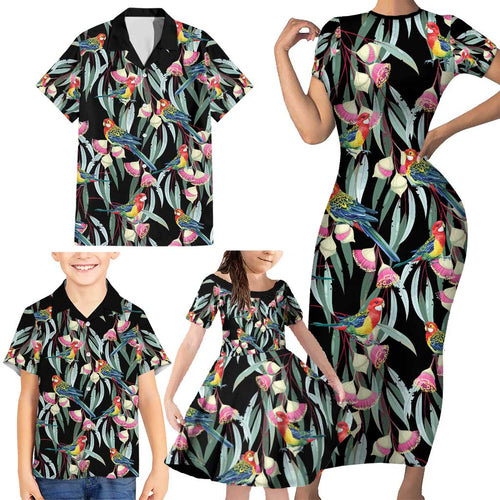 Eastern Rosella Australia Family Matching Short Sleeve Bodycon Dress and Hawaiian Shirt Eucalyptus Blossom Seamless Style - Aussie Hoodie
