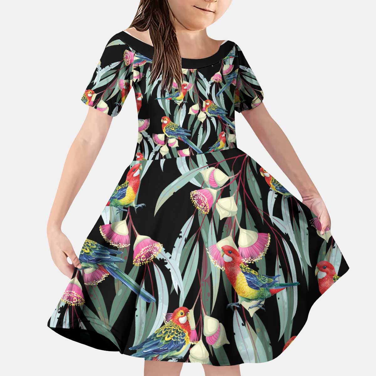 Eastern Rosella Australia Kid Short Sleeve Dress Eucalyptus Blossom Seamless Style - Aussie Hoodie